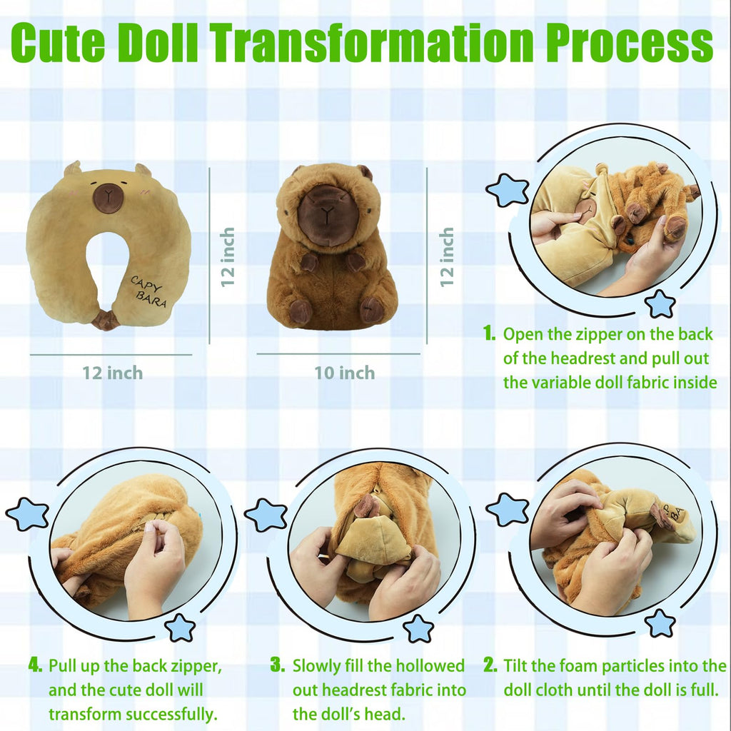hrabykt Capybara Travel Pillow for Kids & Adults Car Neck Pillow Memory Cotton U-Shaped Neck Pillow Soft Head Support Travel Accessories for Airplane Car Train Bus Airplane Pillow