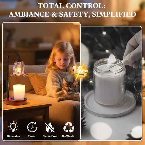 GOIUEDBZ Candle Warmer Lamp Electric: Timer Dimmer Candles Warming Jar Light - Height Adjustable Dimmable Warmers Lamps - Flower No Flame Lamps with Heat Warm Melt Wax - Home Bedroom Decor Table Light