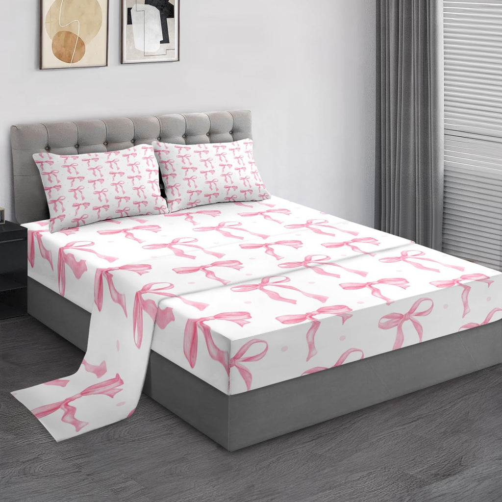 Zzzboro 4 Pcs Fitted Sheet Set Queen Size, Cute Coquette Pink Bow Bowknot, Bed Decor Sweet Themed Elegant Girly Baby Bedroom Sets Pillowcase Bedsheet Bedding Flat Sheet for Kids and Adults