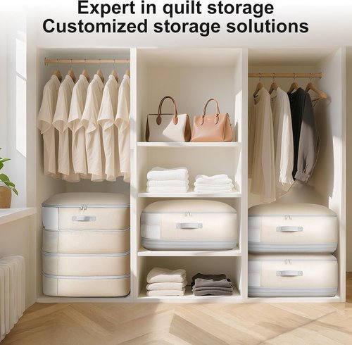 Comforter Storage Bag - 130L Large Capacity Washable Compression Organizer | 4-Layer Space Saving, 2-Pack, Beige