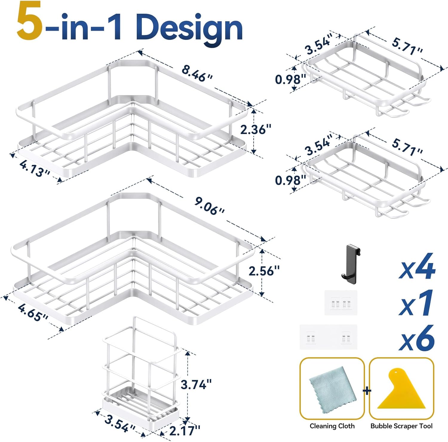 YASONIC Corner Shower Caddy - 5-Pack Adhesive Rustproof Stainless Steel Organizer | No-Drill Design, White