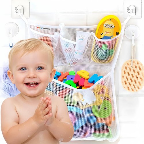 SLONSER Bath Toy Storage, Mesh Bath Tub Toys Holder, Quick Dry Net Bag for Bathtub, Shower Cubby Basket, Hanging Bathroom Organizer with 2 Suction Cups, 2 Adhesive Hooks, 14x20 Inch