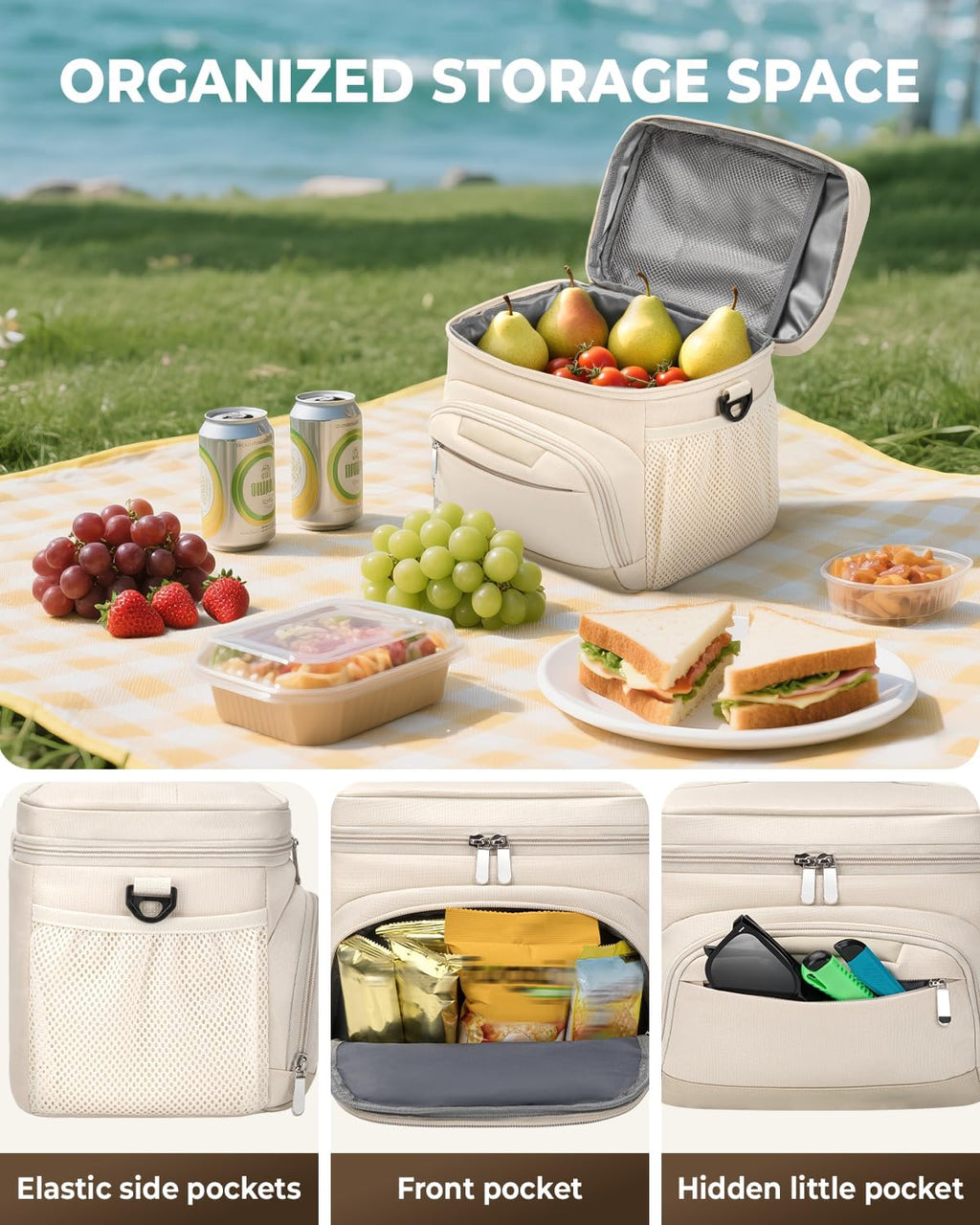 Skiennix Insulated Lunch Box - Leakproof Soft Cooler Tote Bag with Adjustable Strap for Adults | Beige, 12-Can (8L)