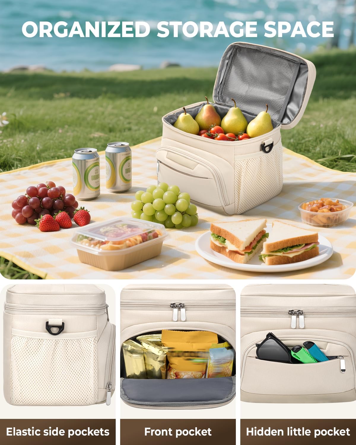 Skiennix Insulated Lunch Box - Leakproof Soft Cooler Tote Bag with Adjustable Strap for Adults | Beige, 12-Can (8L)