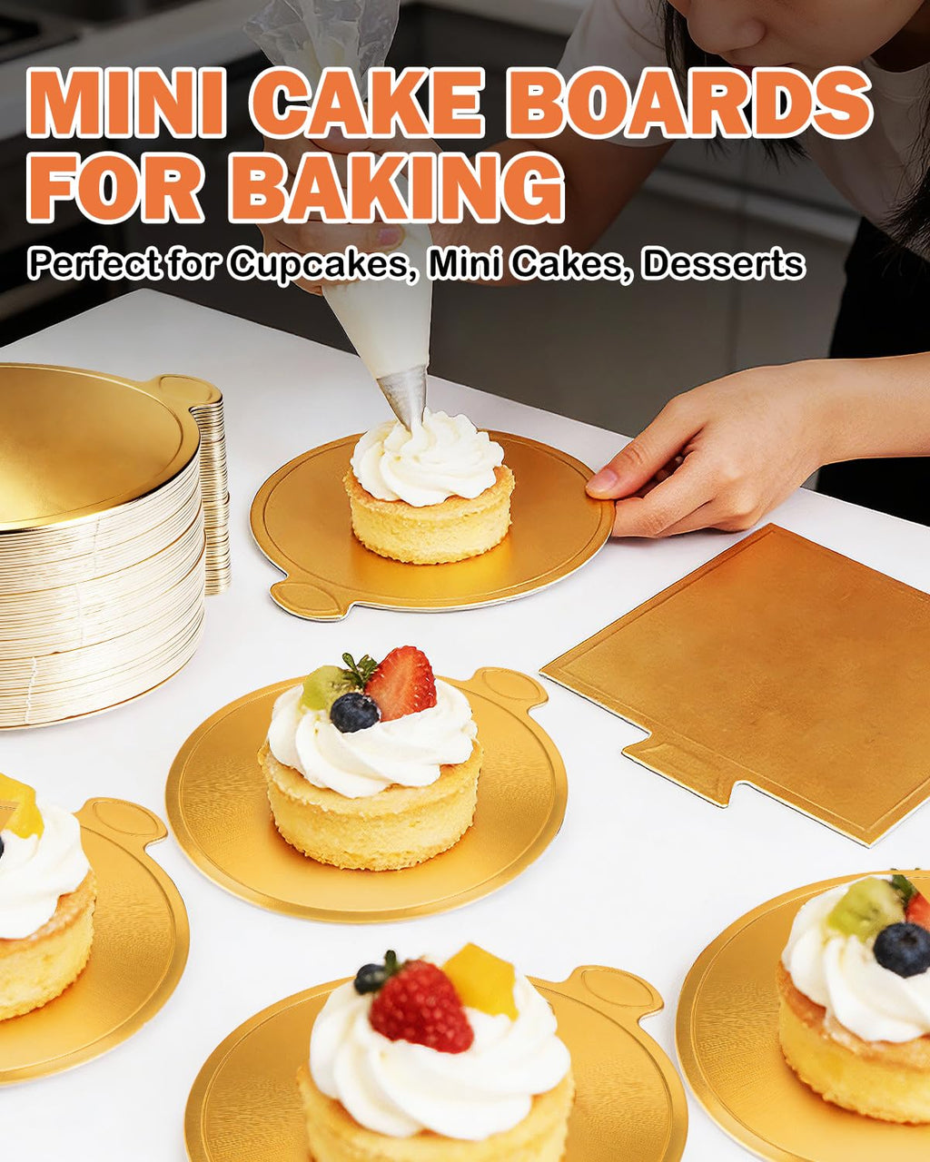 CHONNFEASTT® 120PCS Mini Gold Cake Boards with Tab – 3.5" Round & Square Dessert Bases Para Postres – Grease-Proof Cardboard Flan Plates for Party Mousse Cakes, Cupcakes, Petit Fours, Bakeries, Pastry