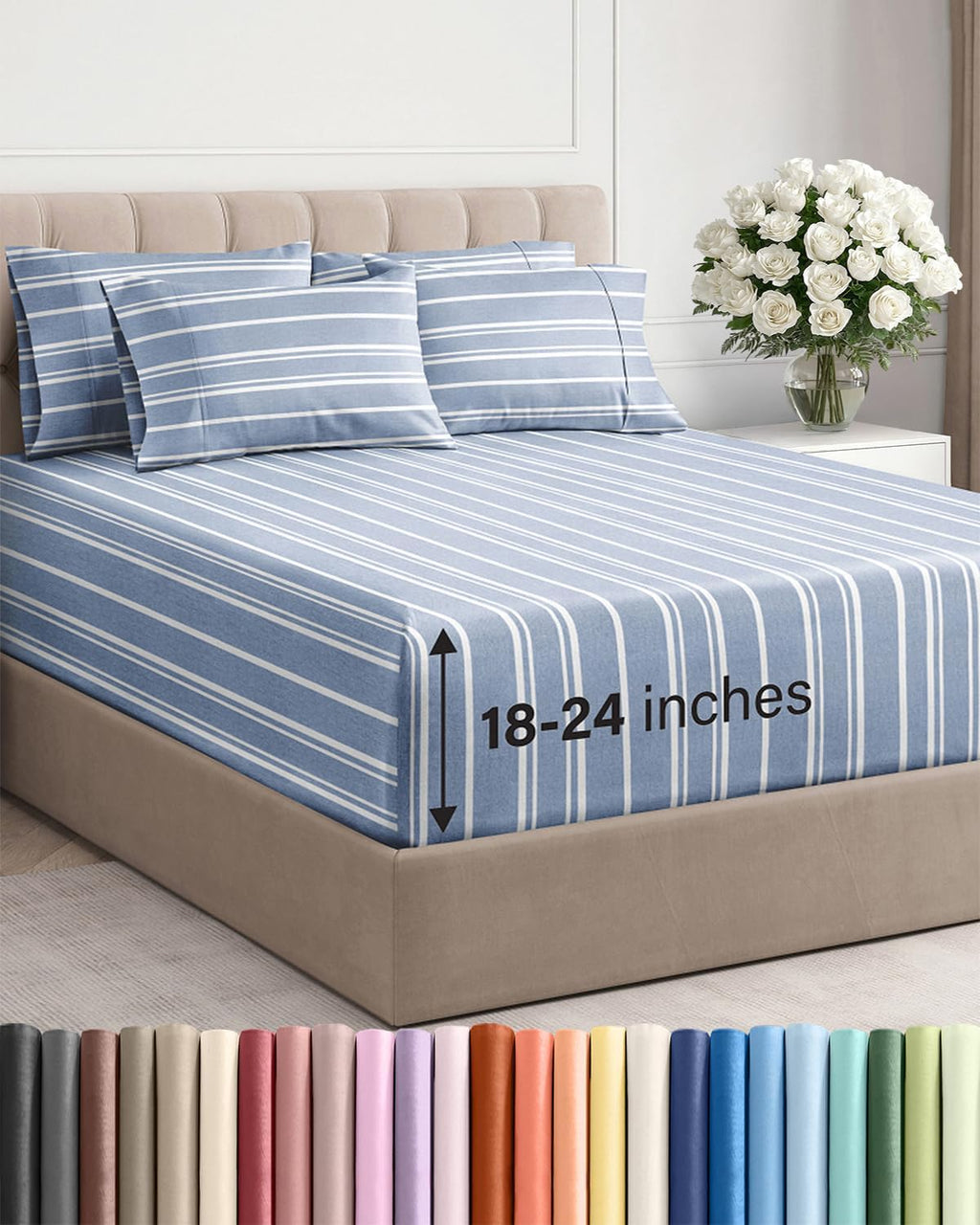 Skiennix Extra Deep Cal King Sheet Set | 6-Piece Breathable Cooling Bedding - Soft, Wrinkle-Free, Blue Stripes