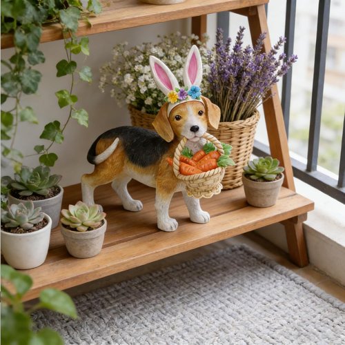 Cynkeyee Dog Garden Statue - Adorable Beagle with Bunny Ears & Carrot Basket | 11.5" x 4" x 10.5" Indoor/Outdoor Decor