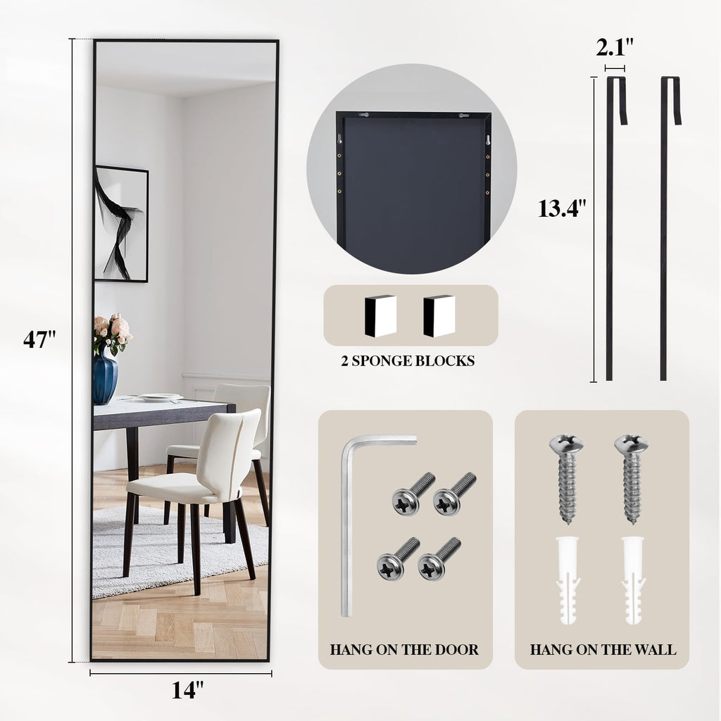 DUMOS 47x14 Full Length Mirror Over the Door, Wall Mounted Full Body Mirror, Door Hanging Metal Aluminum Alloy Frame Dressing Mirrors for Bedroom, Living Room, Entryway, Black