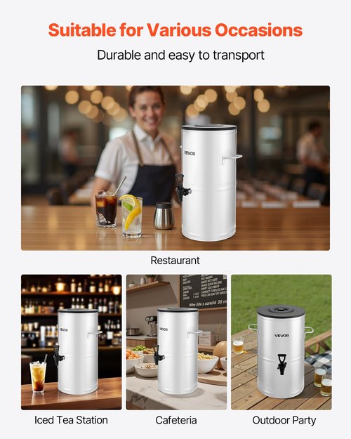 VEVOR Ice Tea Dispenser, 4 Gal/15L 304 Stainless Steel Beverage Dispenser with Spigot & Handle, Suitable for Hot and Cold Drinks, for Iced Tea Coffee Water in Cafes & Restaurants