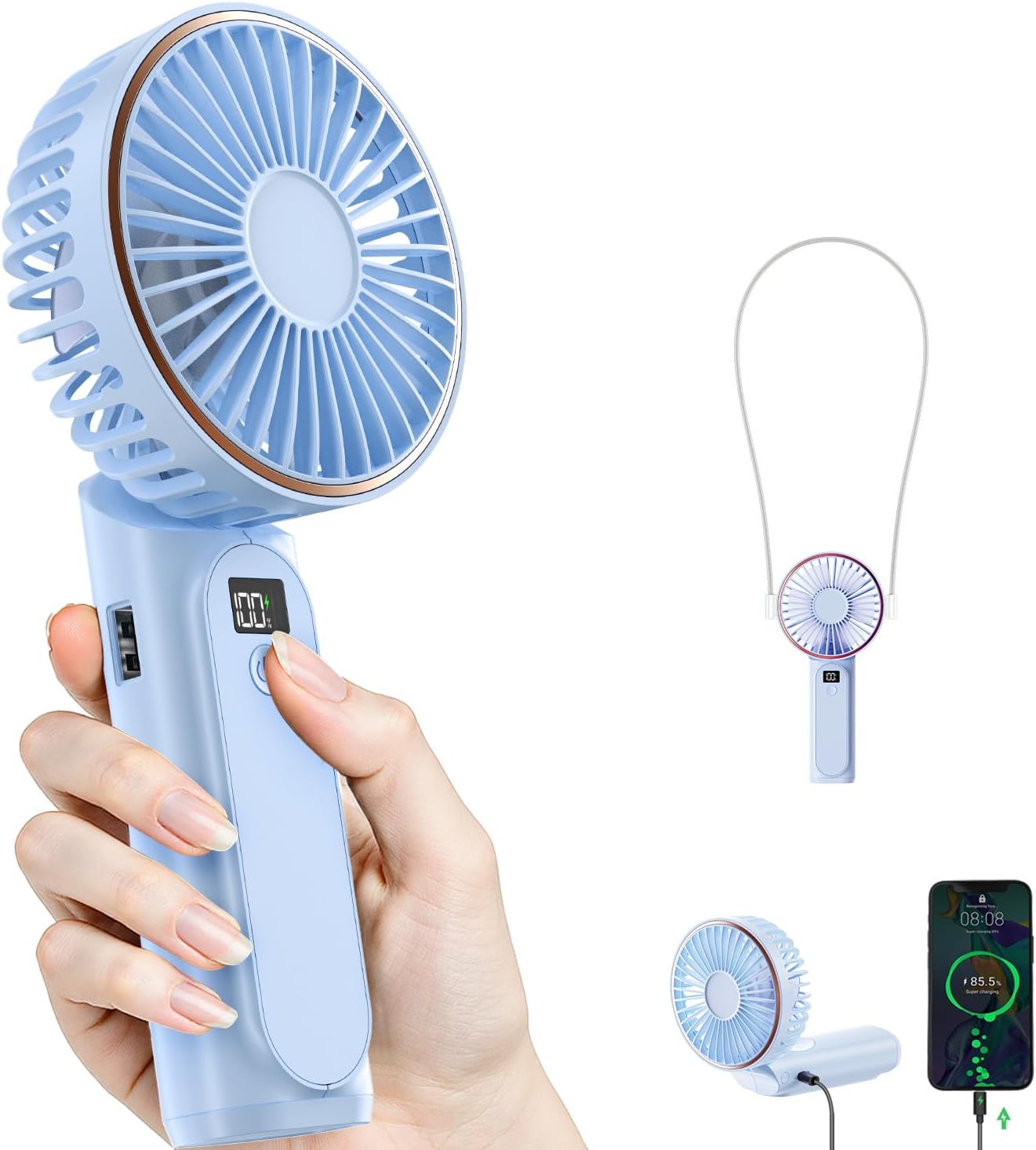TUNISE Portable Handheld Fan - Rechargeable 4000mAh Battery | 180° Adjustable, 6 Speed Settings, Quiet Design