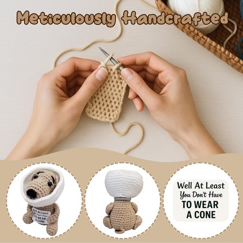 Cotinna Well At Least You Don’t Have to Wear a Cone – Funny and Thoughtful Crochet Dog Gift – 4.5" Handmade Plush for Surgery Recovery, Vasectomy Humor, or Quirky Retirement Gift
