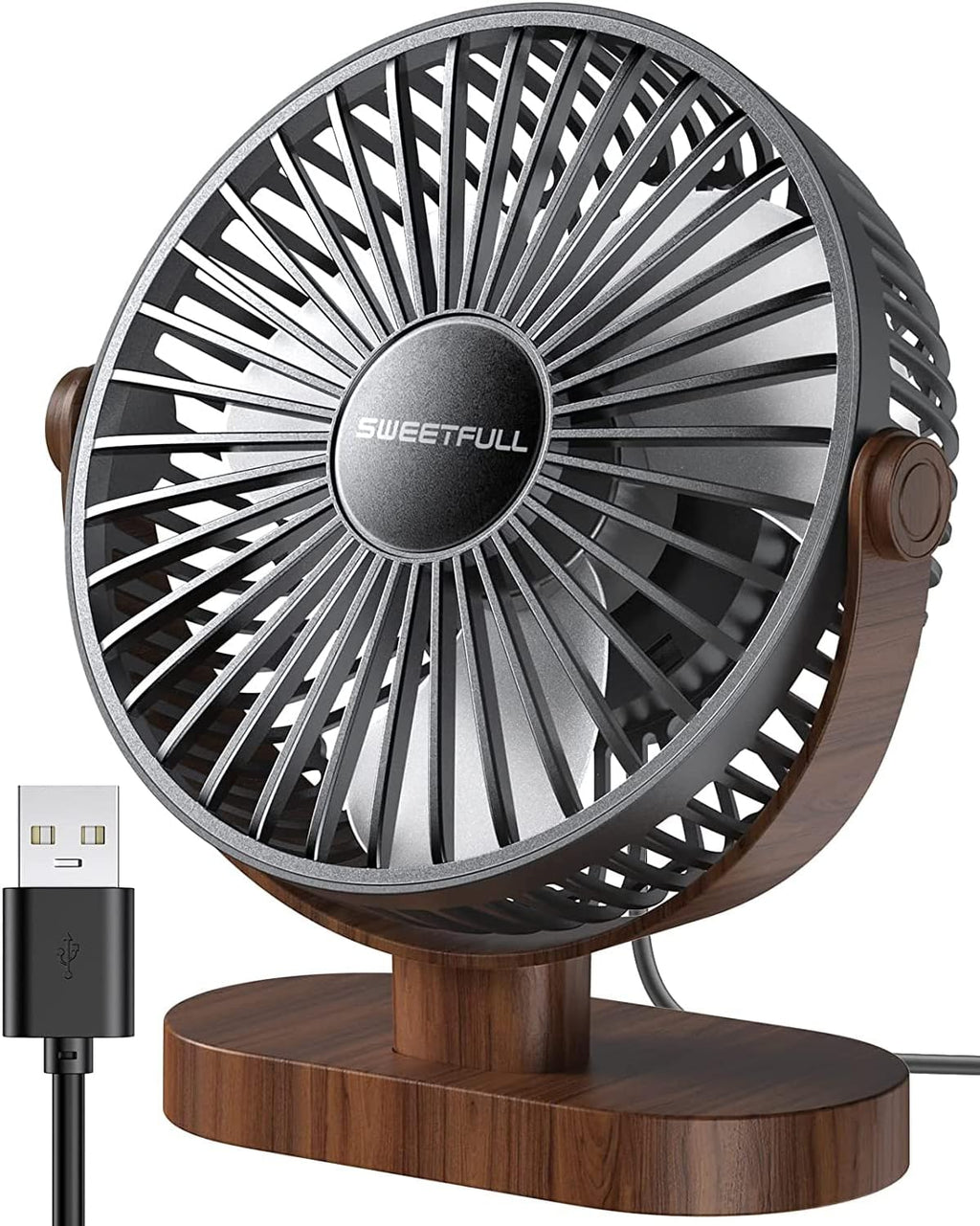 Sweetfull 6.5 Inch USB Desk Fan - Quiet Portable Mini Fan with 3 Speeds & 360° Adjustment | Black Wood Grain