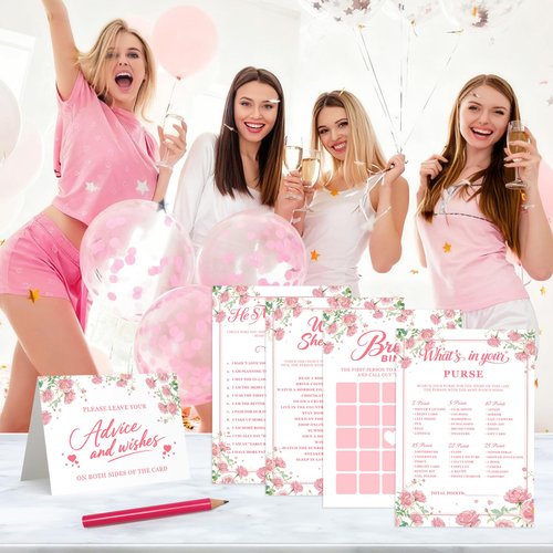 GAMSUNSTAR Bridal Shower Games-Heavy Cardstock,5 Fun Activities for 32 Guests, Includes Bingo,He Said She Said, Would She Rather,Whats in Your Purse,Advice and Wishes for The Mr and Mrs(Floral)