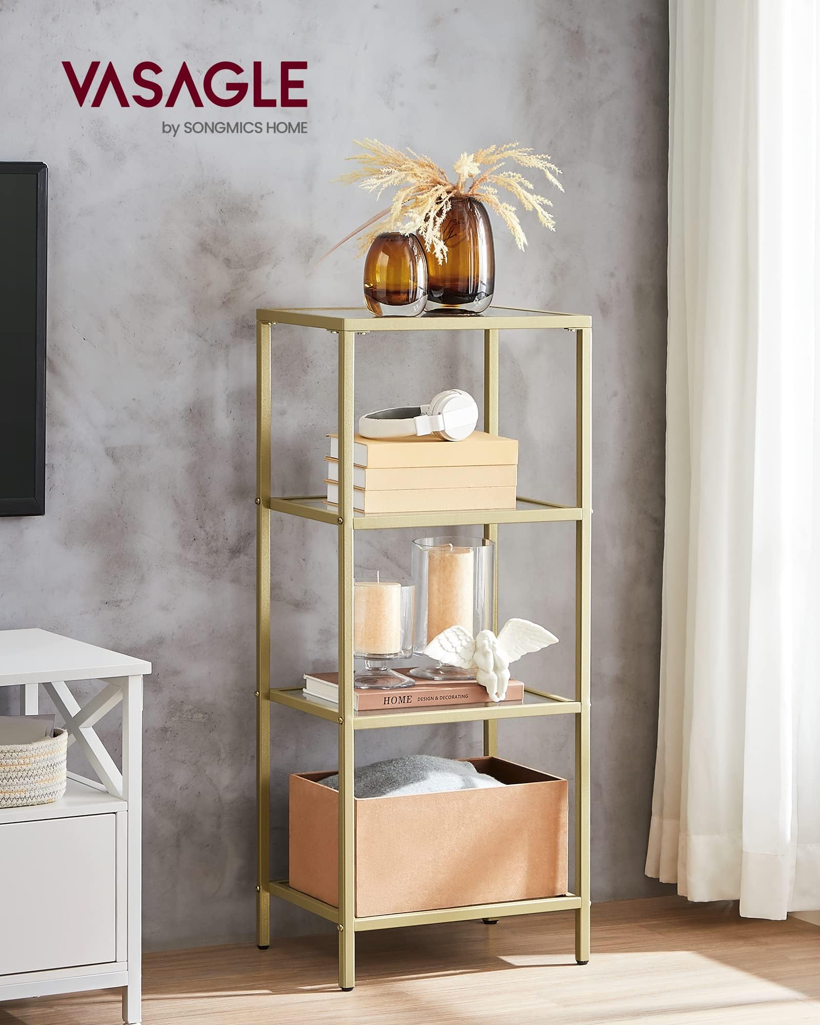 VASAGLE Bookcase, 4-Tier Bookshelf, Slim Shelving Unit for Bedroom, Bathroom, Home Office, Tempered Glass, Steel Frame, Metallic Gold ULGT28G