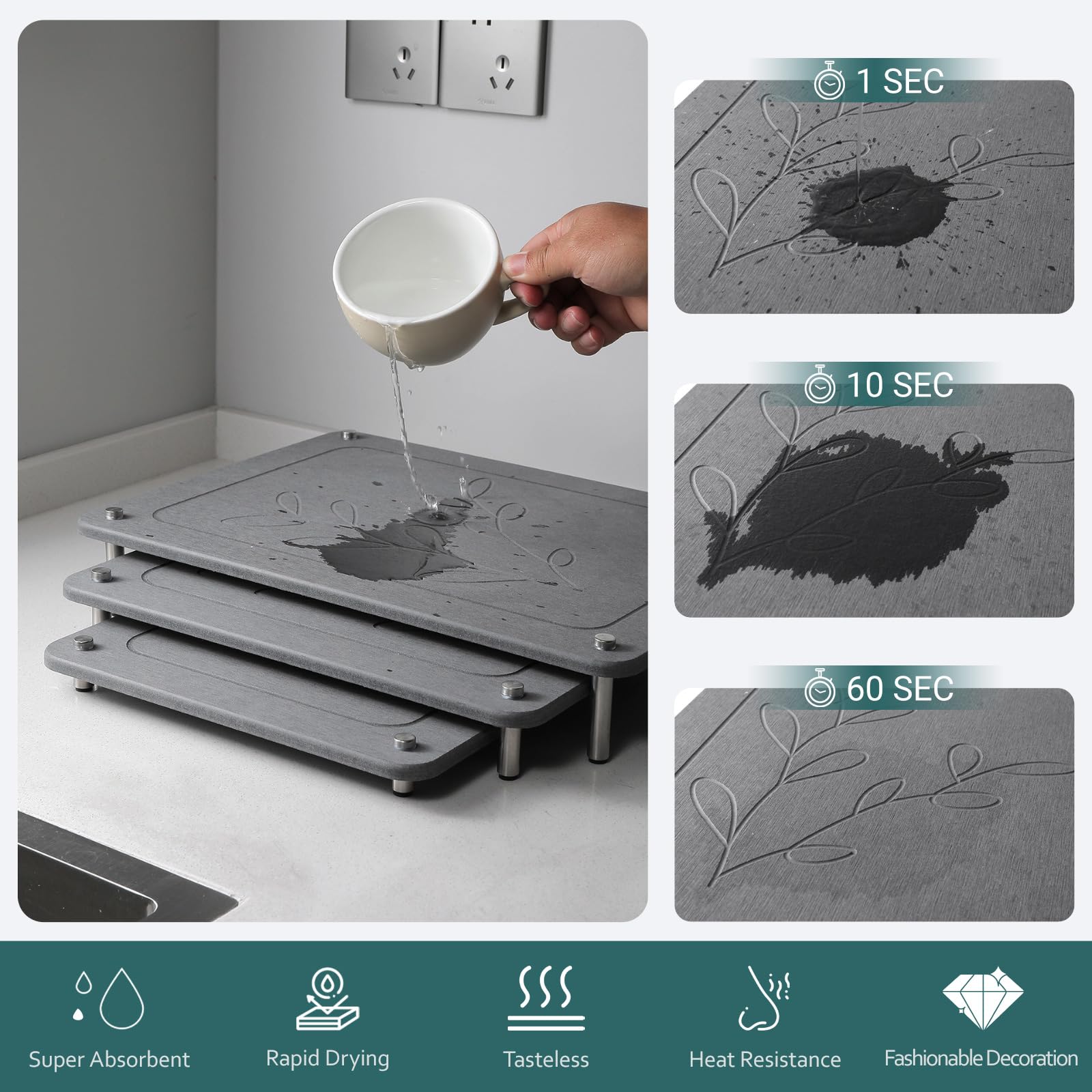Stageya 3Pcs Nesting Diatomaceous Earth Stone Drying Mat, Superior Water Absorption Quick Drying Dish Mat with Non-Slip Feet for Stability, Easy to Clean, Ideal for Kitchen Counter Sink Area