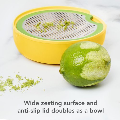 Tovolo All-in-1 Citrus Juicer and Zester Set, White & Yellow – Manual Juicer with Measuring Cup, Dual Reamers, BPA-Free, Dishwasher Safe, Compact Storage