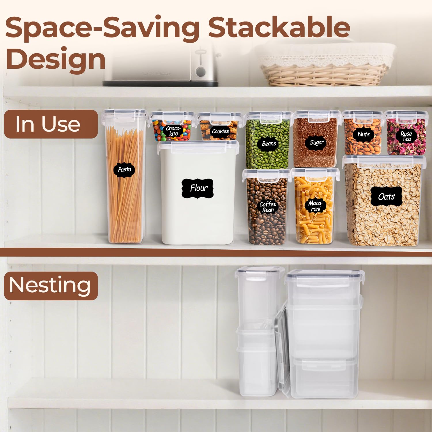 ComSaf Airtight Food Storage Containers with Lids, 11 Pcs Canisters Sets for the Kitchen, Plastic Pantry Organizers and Storage for Cereal, Flour, Sugar,Kitchen Storage Containers Include Labels