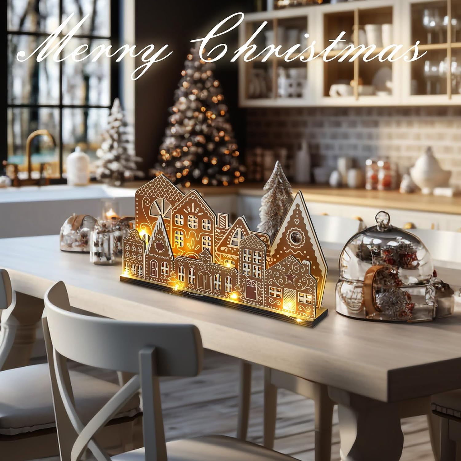 Rossesay Gingerbread House Tabletop Decorations - Light-Up Wooden Christmas Village Centerpiece | Rustic Farmhouse Decor