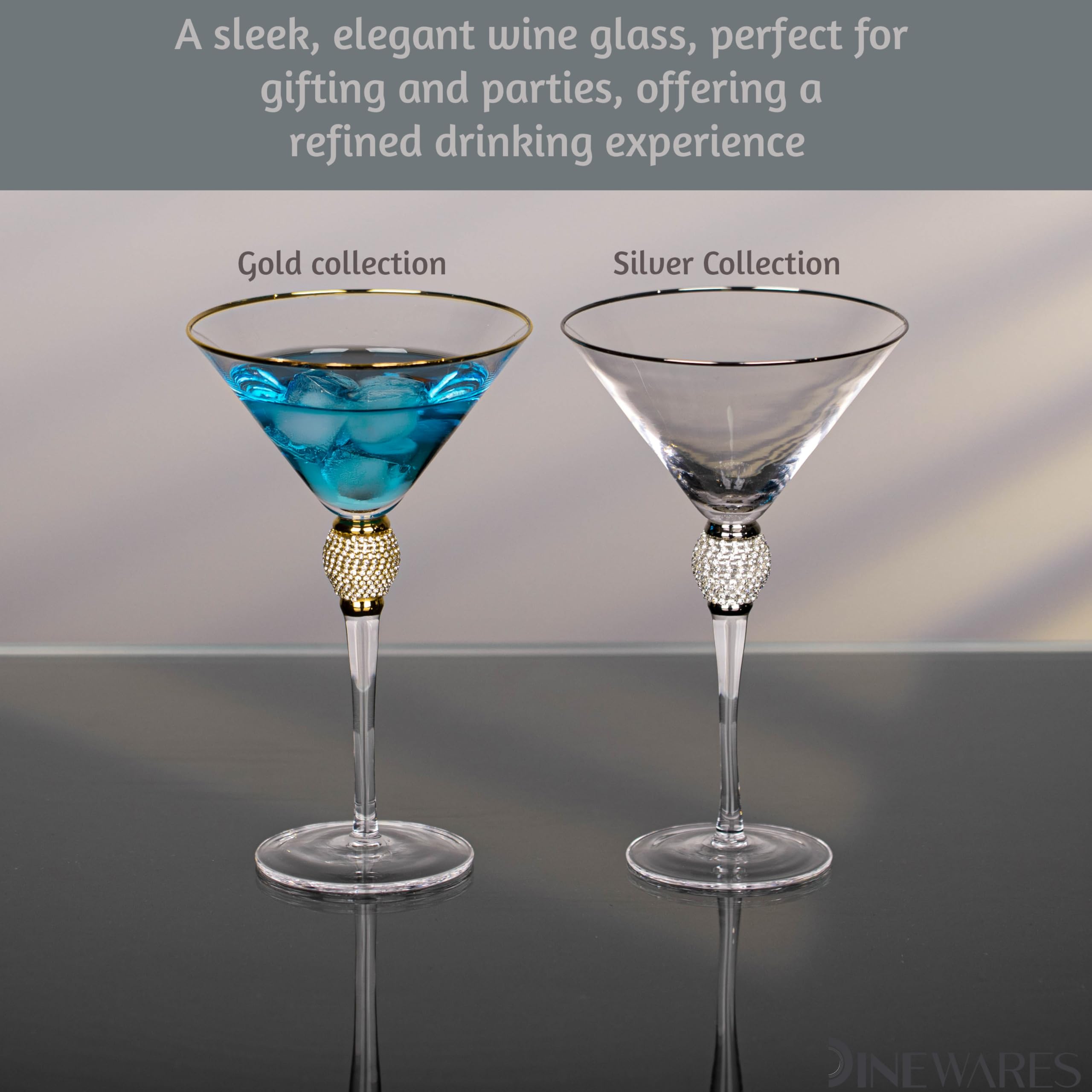 4 Piece Premium Clear Stem Crystal Martini Glasses with Gold Rim and Diamond-like Rhinestones, Elegant 10oz Glassware Set for Cosmopolitan, Vodka, Gin and Other Cocktails, Fancy Manhattan Drinkware