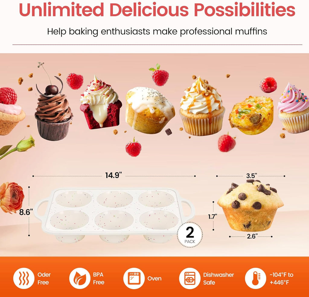Skiennix Jumbo Muffin Pan Set - Non-Stick Food Grade Silicone | 6 Cup with Metal Frame & Handles, BPA-Free