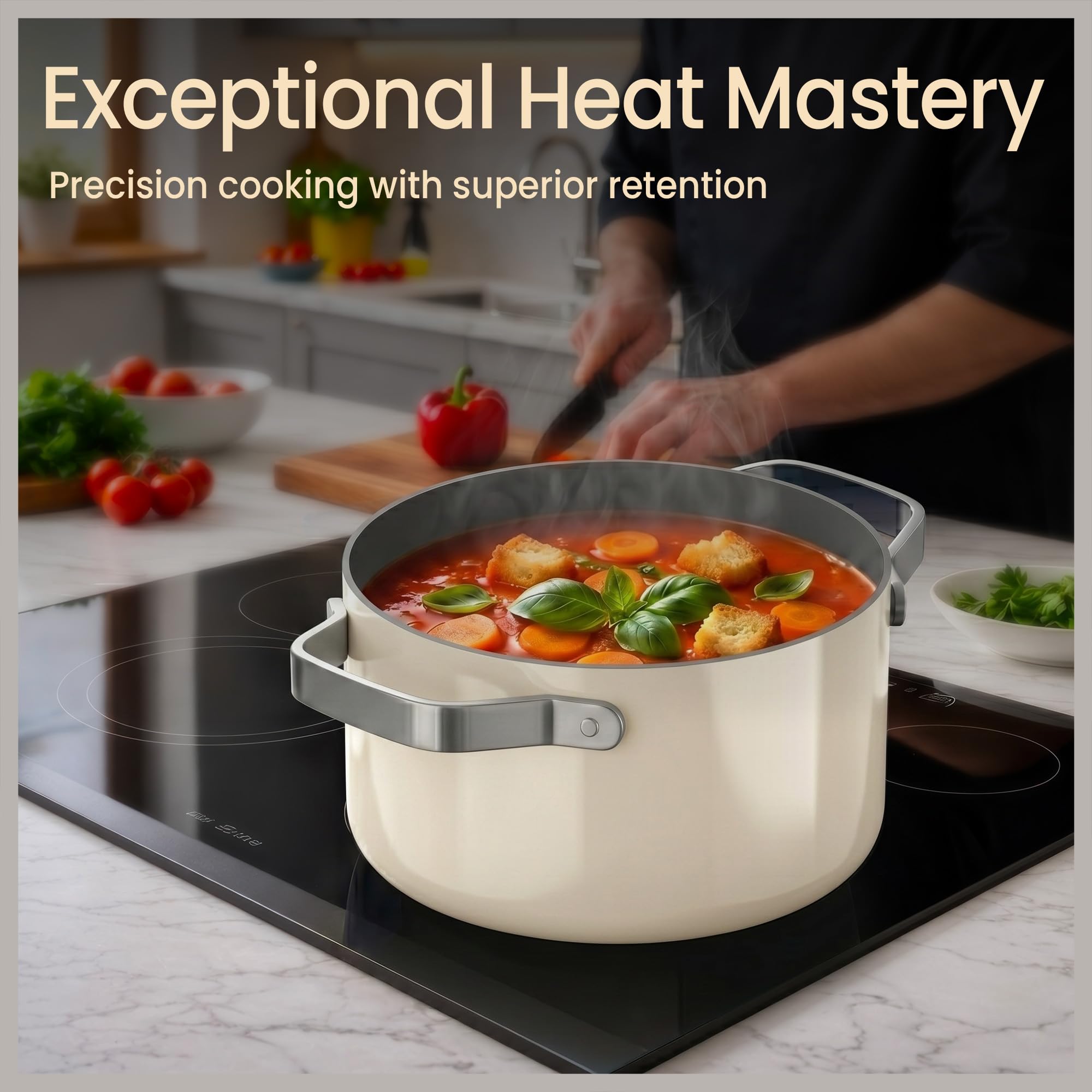Bakken 16 Quart Ceramic Coated Stock Pot with Lid, Easy Clean Nonstick Pot, Tempered Glass Lid, Riveted Stainless Steel Handles, Oven Safe Up To 500°F, PTFE & PFAS Free, All Stove Compatible, Cream