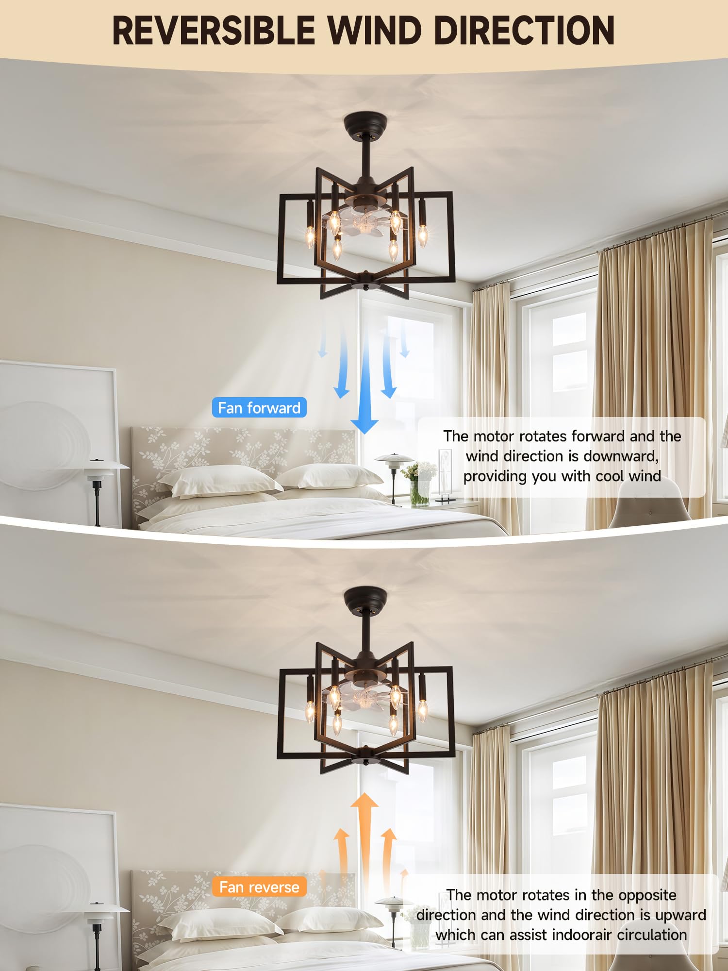 Jughtbo Black Chandelier Fan with，Farmhouse Rustic Ceiling Fan with Light and Remote, Adjustable Height, Rustic Chandeliers for Living Room, Bedroom, Hallway, Entryway Kitchen Lighting