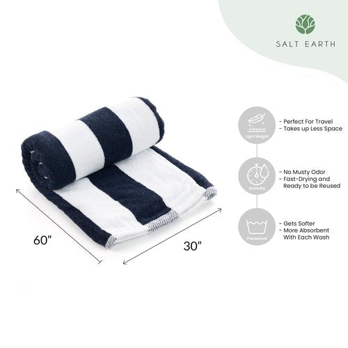 Salt Earth Cotton Striped Beach Cabana Towel, 4 Pack - 30"x60" Quick Dry Towels, Pool Essentials, Travel, Gym & Bathroom Towels, Oversized Beach Vacation Essentials (Navy Blue)