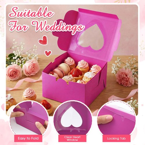 Henoyso 80 Pcs Mother's Day Cupcake Boxes 4 x 4 x 2.5 Inch Valentine Galentine Bakery Treat with Heart PVC Window Individual Cookie Candy Boxes for Gift Giving Party Favor (Pink,Red,Purple)