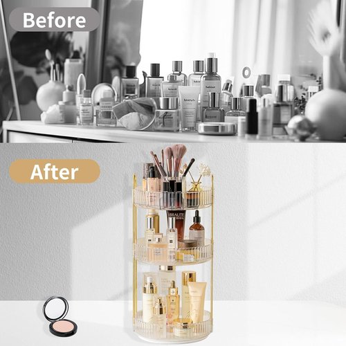 Asayuee 360 Rotating Makeup Organizer - Large 3-Tier Storage for Skincare & Cosmetics | Clear
