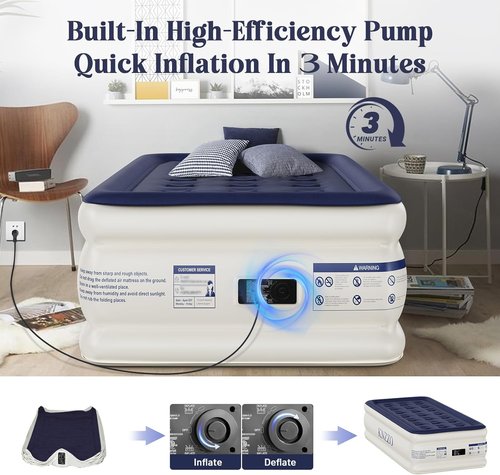 KNZZO Twin Air Mattress - Built-In Pump, Soft Flocked Top, Waterproof & Leakproof for Home or Camping
