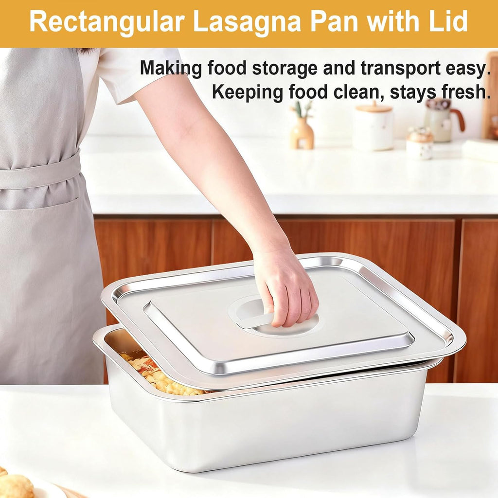Regine Switzerland 4-Inch Deep Lasagna Pan Set - 2 Pack Stainless Steel Baking Pans with Lids | 7.4QT & 5.1QT Roasting Dishes