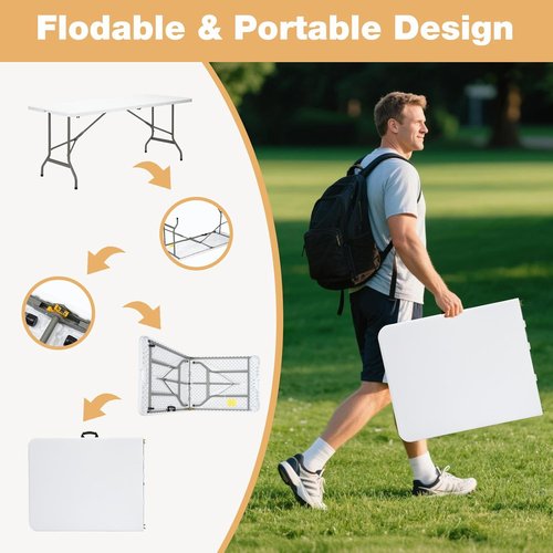 Folding Table - Skiennix 6ft Heavy-Duty Portable Table | 500lbs Capacity, HDPE Top & Steel Legs