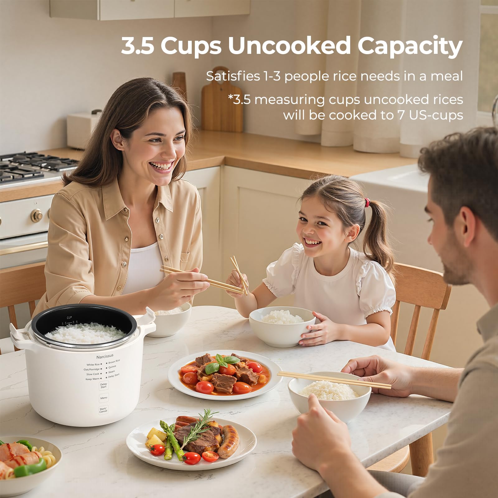 Narcissus 3.5-Cup Rice Cooker for 1-3 People, Multifunctional for Rice, Oatmeal, Quinoa - Slow Cook, Steam, Cook Rice & Steam Dish Together, Rice White