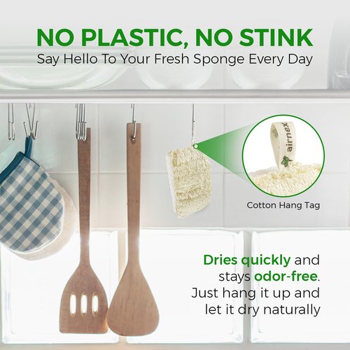 AIRNEX Natural Loofah Sponges for Dishes - Pack of 6 Plastic Free Loofah Kitchen Sponges with Cellulose Core & Cotton Loop - Non Toxic Natural Sponges for Dishes & Kitchen Cleaning