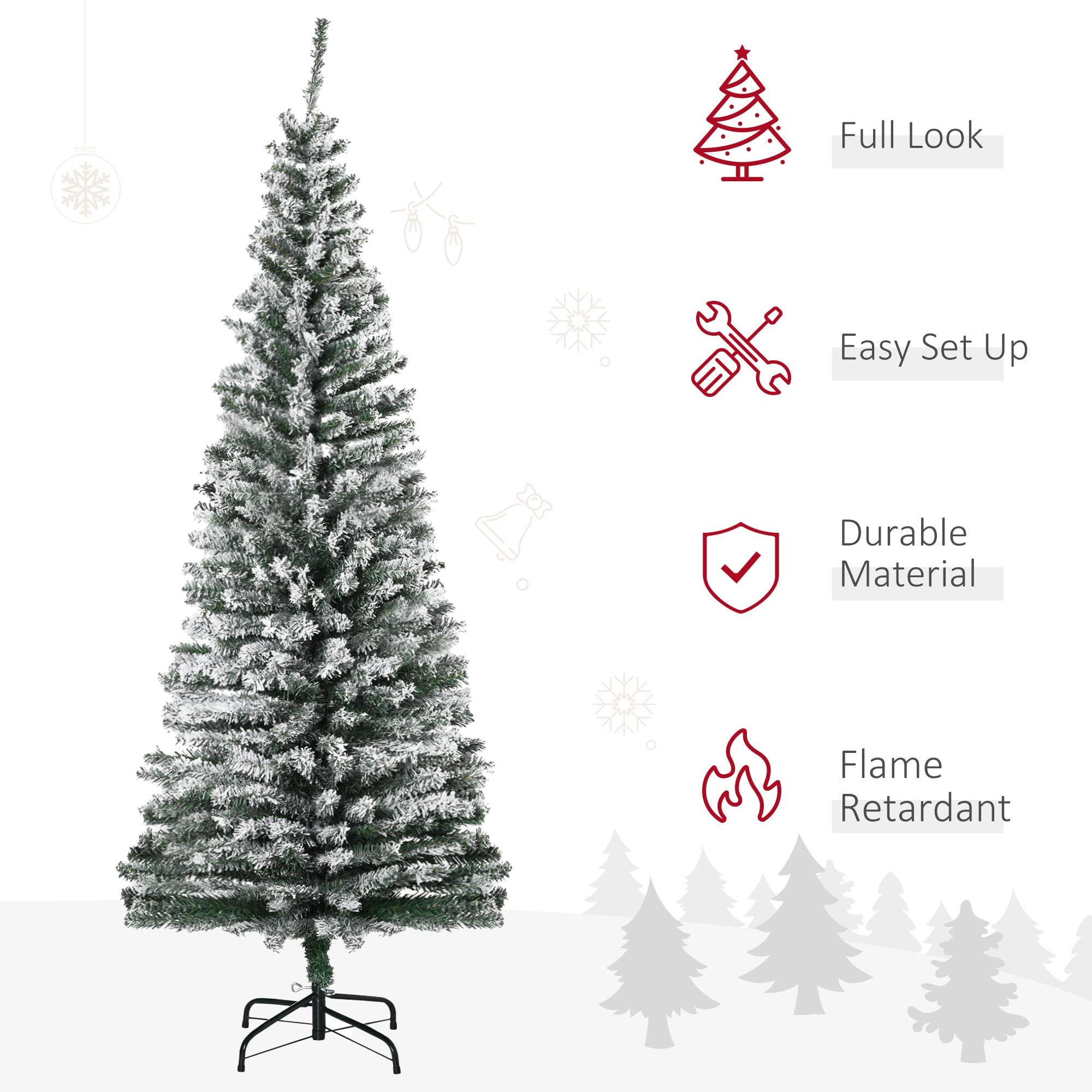 HOMOM 6ft Flocked Christmas Tree, Pencil Artificial Xmas Tree with Faux Snow, Dense Branches, Foldable Metal Base for Indoor Holiday Decor