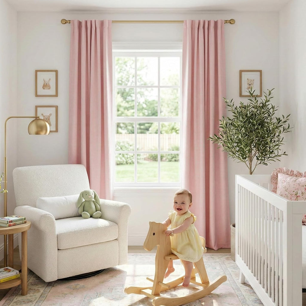 Skiennix 100% Blackout Linen Curtains - Thermal Insulated Drapes, 50" W x 96" L, Baby Pink | 2 Panels Set