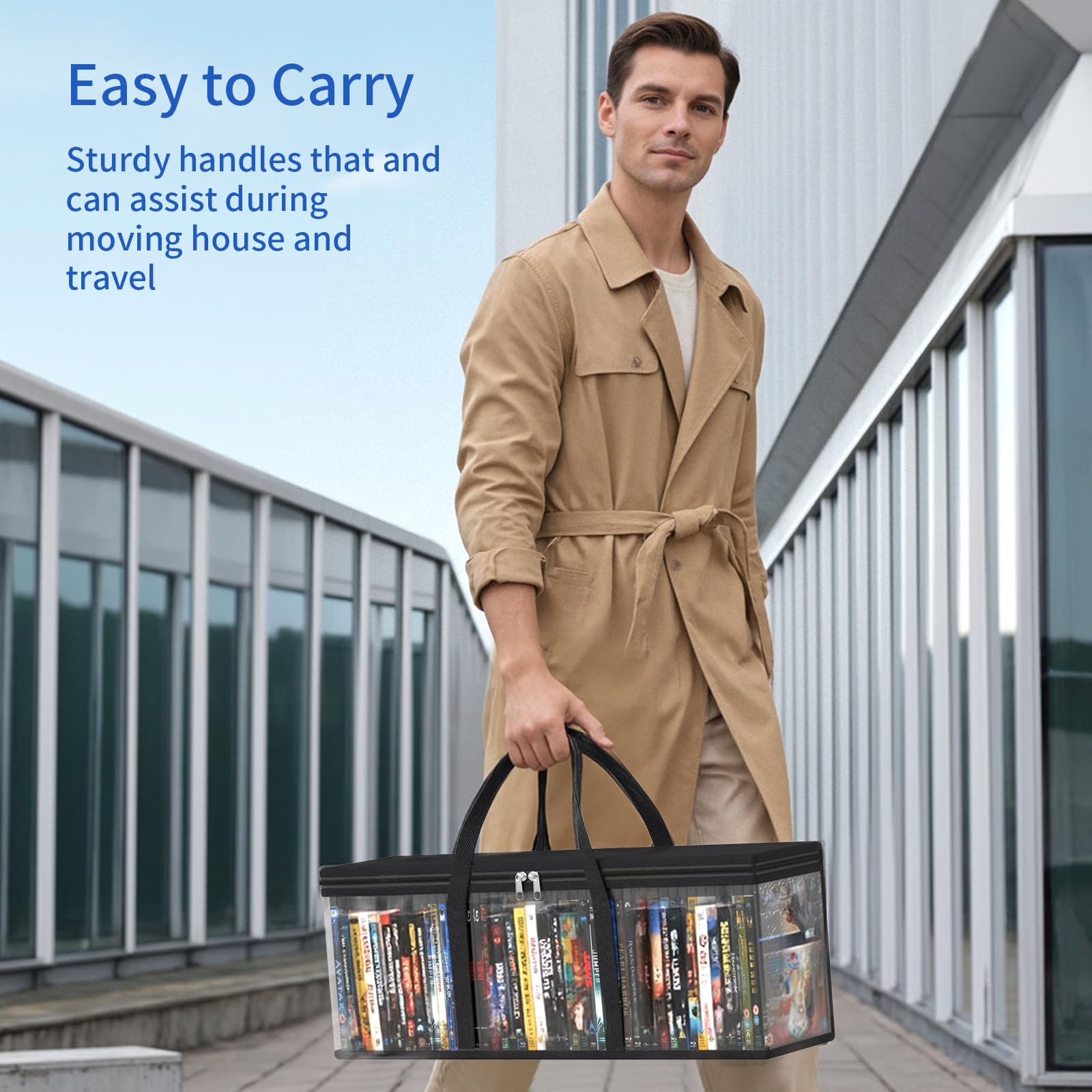 DVD Storage Bags, Media Organizer Bags for DVDs, CDs, Blu Ray Disc, Movie Cases, VHS Box, Video Game Disks, Albums, Books, Clear Plastic Holders with Carrying Handles (Black, 4Pack)