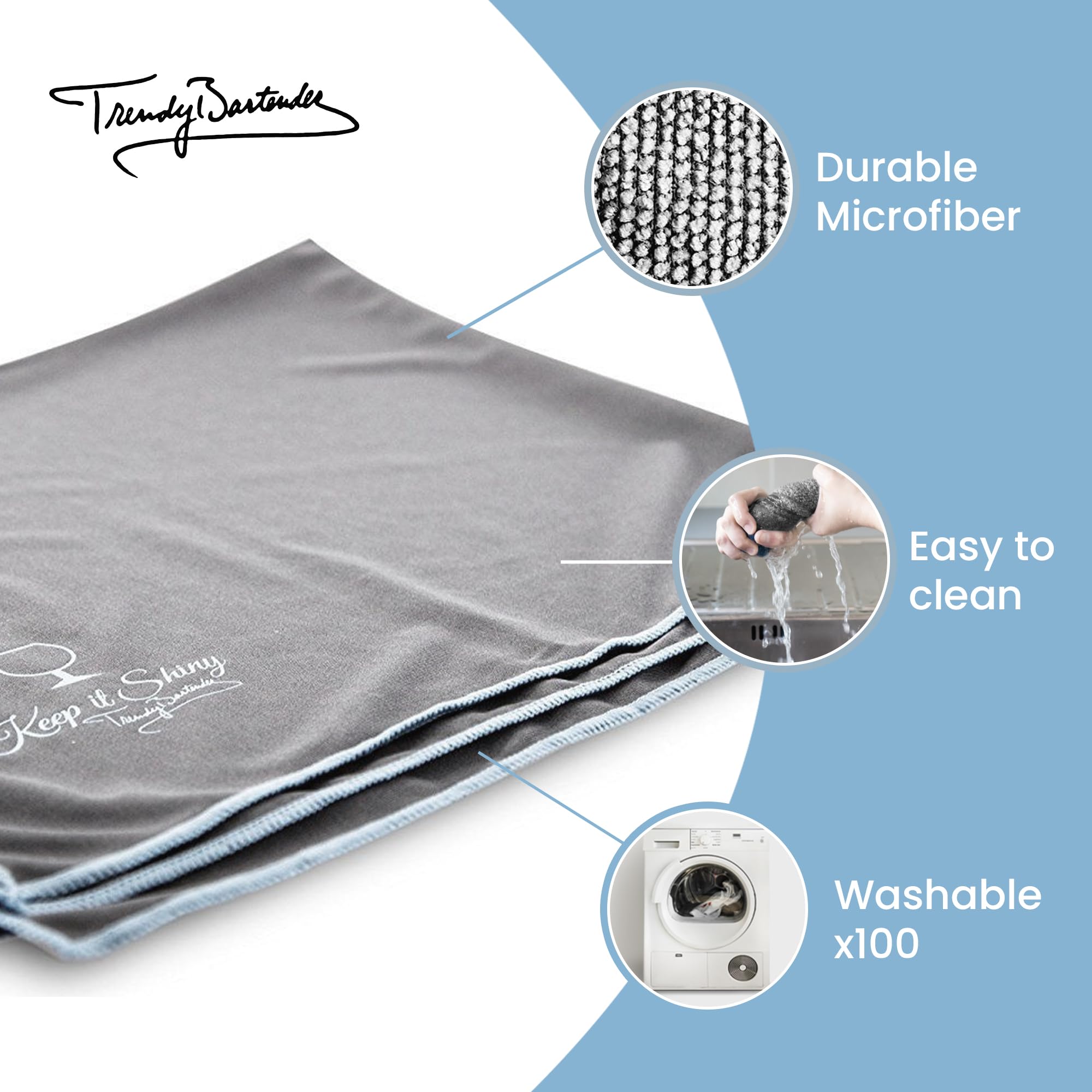Trendy Bartender Toast to Perfection Microfiber Glass Polishing Lint-Free Cloth for Spotless Shine and a Residue-Free Finish - Pack of 5-25x20 inch - Grey