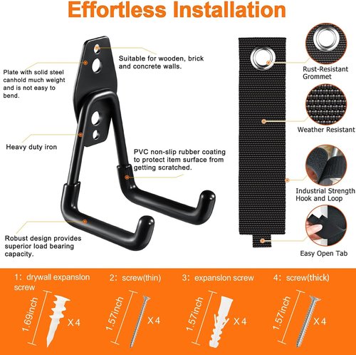 HUPBIPY Heavy Duty Garage Hooks - 7.7 Inch U-Shaped Hangers with Cord Organizer | 4 Pack for Tools & Bikes