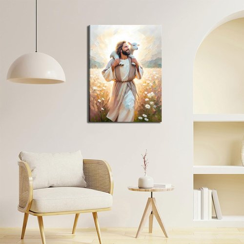 GKQNMU Jesus Carrying The Lamb Canvas Wall Art - Christ The Good Shepherd Decor for Living Room | Ready to Hang
