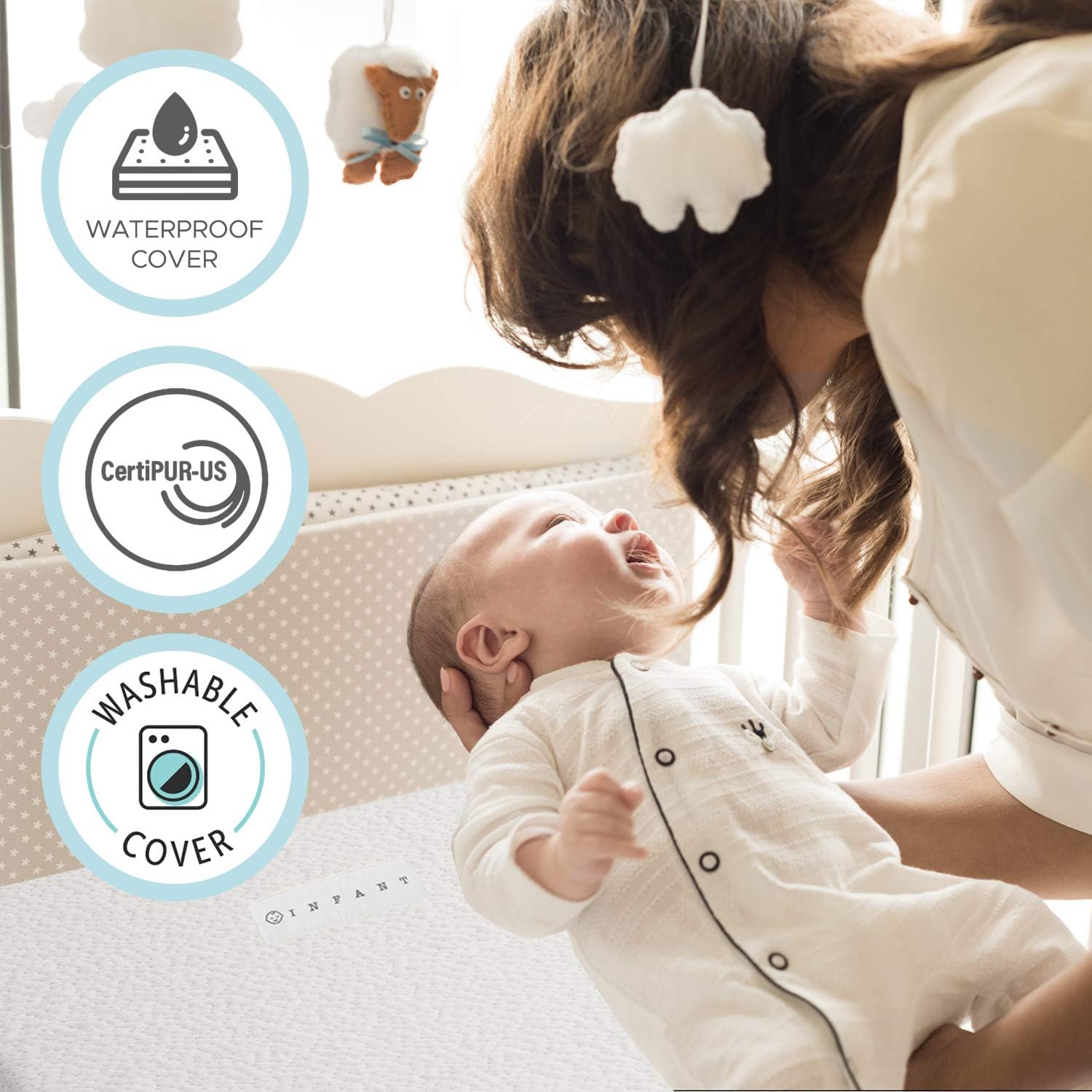 Organic Cotton 2-Sided Crib Mattress - Waterproof Washable Protector & Ventilated Foam | 52x27.5x4”