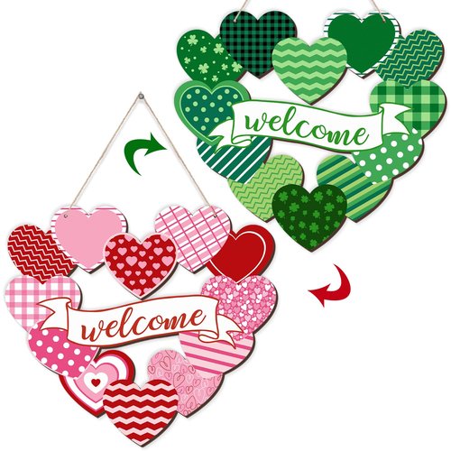 Arosche Valentines Day Decorations St Patricks Day Decorations Reversible Wooden Hanging Door Sign Double Sided Wreath Love Heart Shamrocks Welcome Door Sign for Tree, Door, Wall, Party Supplies