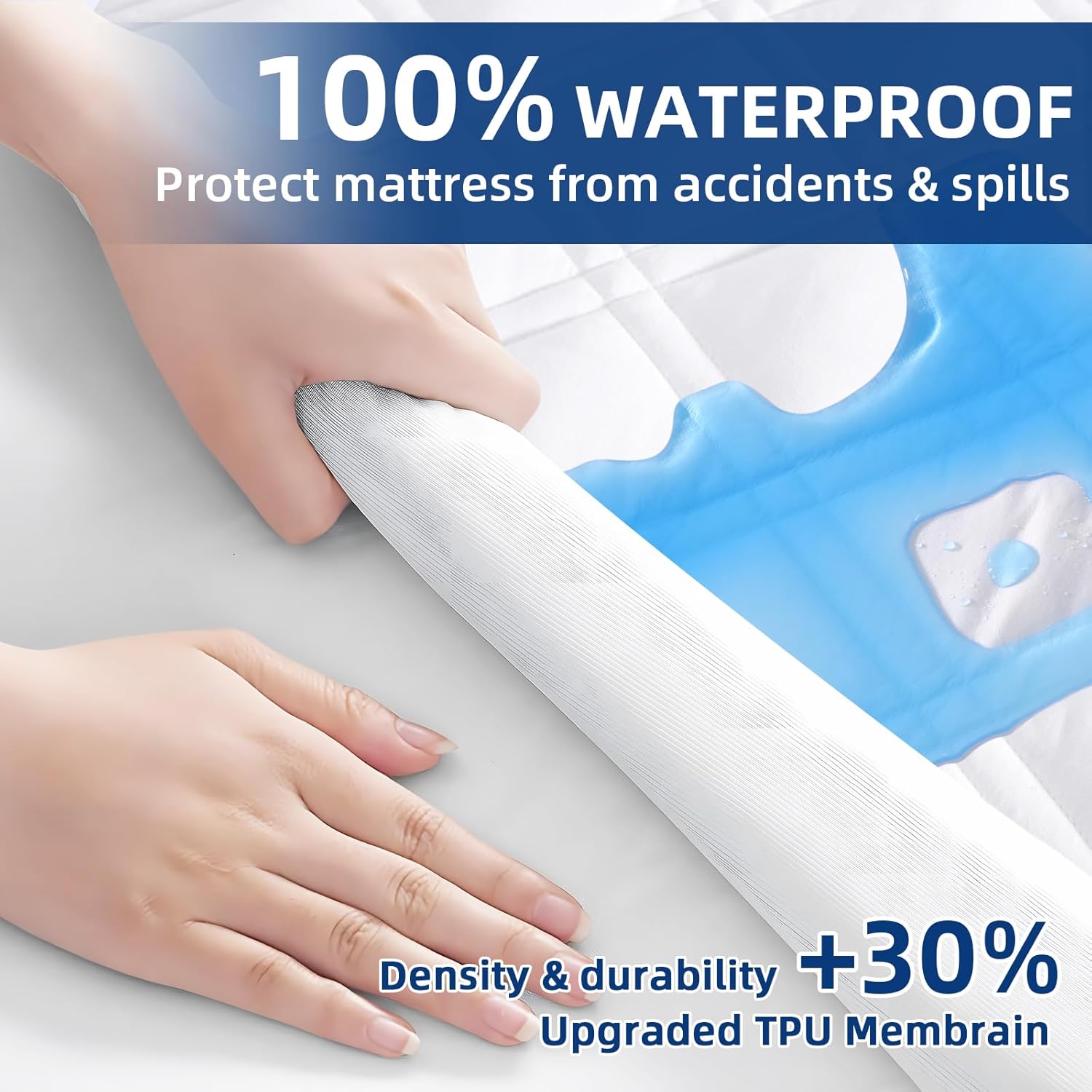 MEELUS Queen Mattress Protector - Breathable Waterproof Fitted Pad Cover | Soft, Noiseless & Washable, White