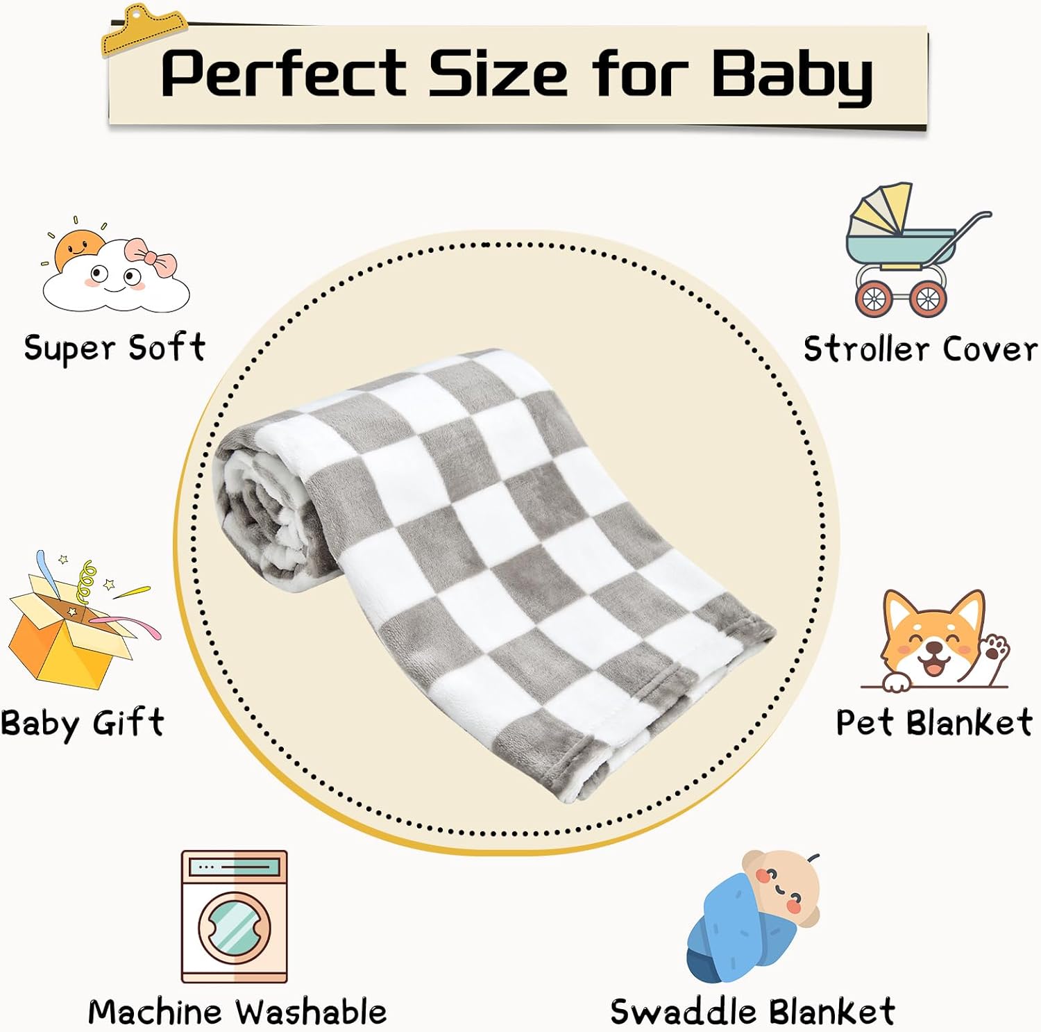 Yurhap Checkered Baby Blanket - Super Soft Fleece for Boys & Girls | 30x40 Inch, Greige