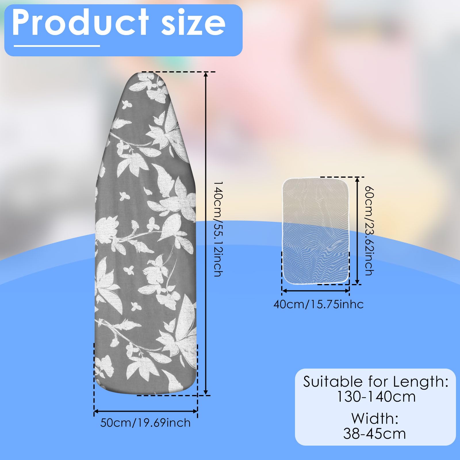 Ironing Board Cover 20" x 55" Extra Wide Thick Padding Fits Most Ironing Boards , Non-Stick, Scorch & Stain Resistant, Easy Install Elastic Edge, Bonus Heat Resistant Ironing Mesh Press Cloth for Home
