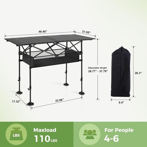 LET'S CAMP Folding Camping Table - Portable Aluminum Roll-Up Design with Adjustable Height & Large Storage Bag | Ideal for Picnics, BBQs, and Beach Outings
