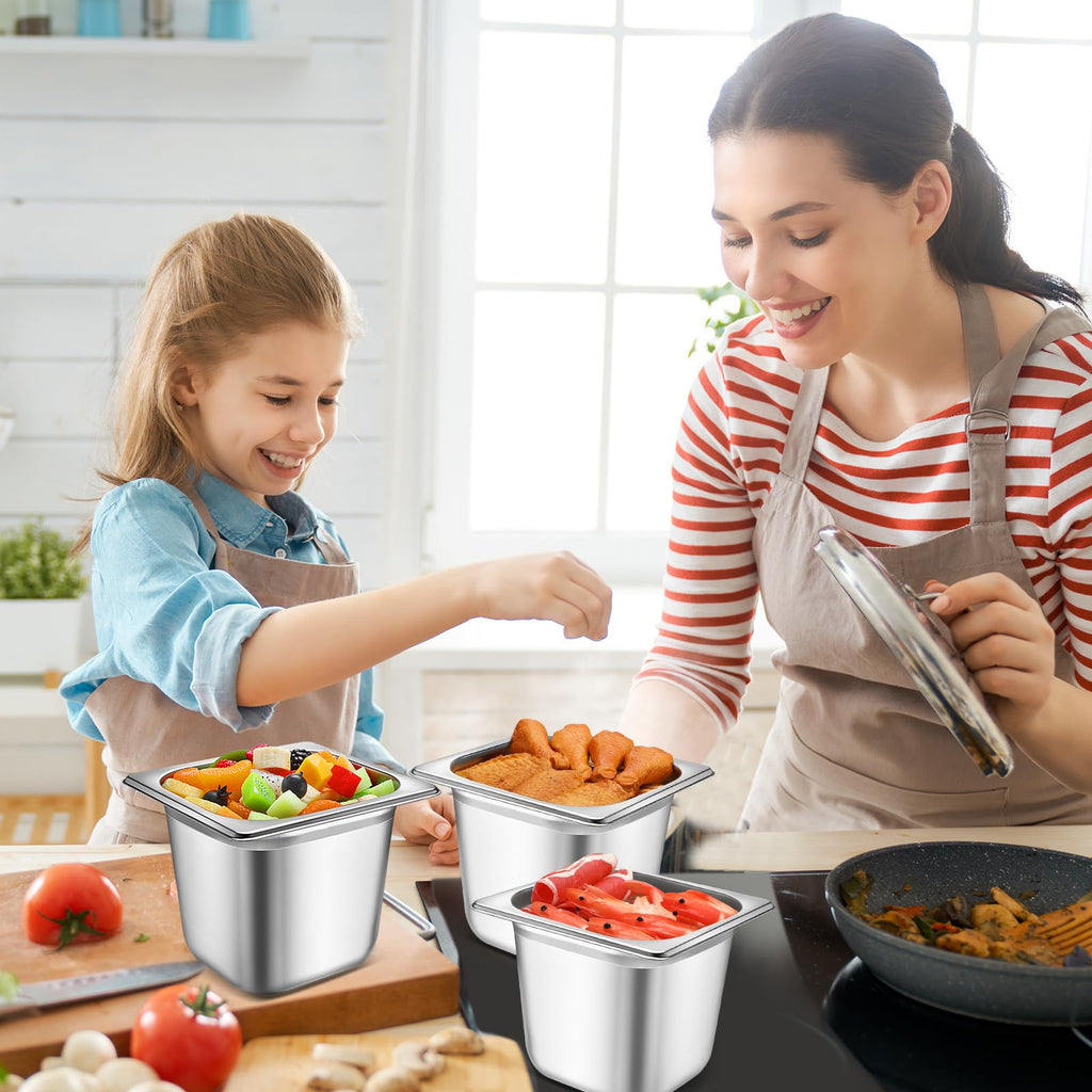 Maxcheck 12 Pcs Stainless Steel Hotel Pan with Lids 1/6 Size Chafing Steam Table Catering Pans with Notched Cover Commercial Stackable Metal Steamer for Buffet Party Storage Food(5.9 Inch)