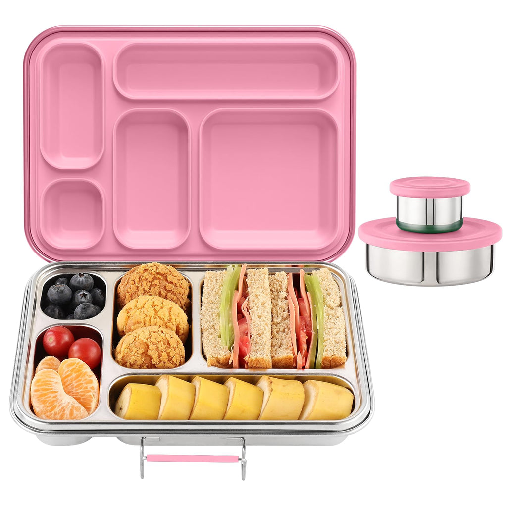 TOURPOR Stainless Steel Bento Box for Adults & Kids, 5-Compartment Lunch Box with 2 Sauce Containers, BPA-Free Bento Lunch Container, Dishwasher Safe, School & Work Meal Prep Lunch Container (Pink)