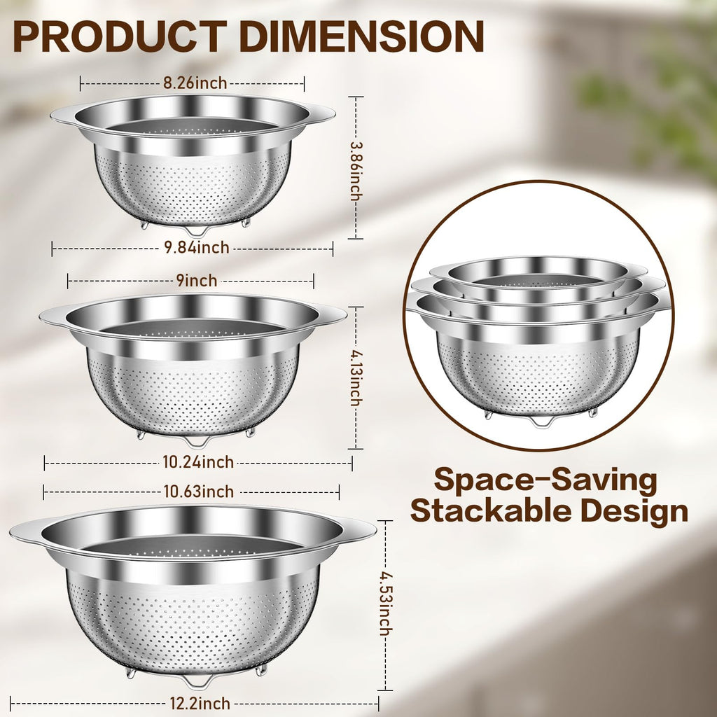 Stainless Steel Colander for Kitchen, Stainless Steel Strainer, Pasta Strainer for Spaghetti Fruit Cooking Food, 3 Pcs Strainers and Colanders(2QT, 3QT, 5QT), Dishwasher Safe, Kitchen Present
