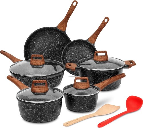 Eslite Life Nonstick Cookware Set - 12 Pcs Granite Coating Pots & Pans | PFOA Free, All Stovetops Compatible, Black
